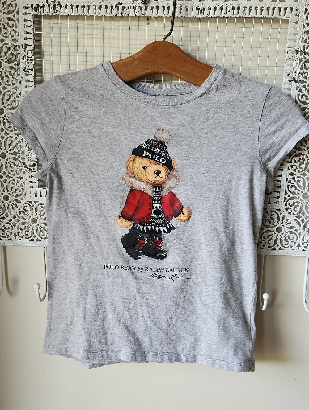 Polo Ralph Lauren Girls M 8-10 Bear Gray T-Shirt Ski Winter Bear Graphic Tee